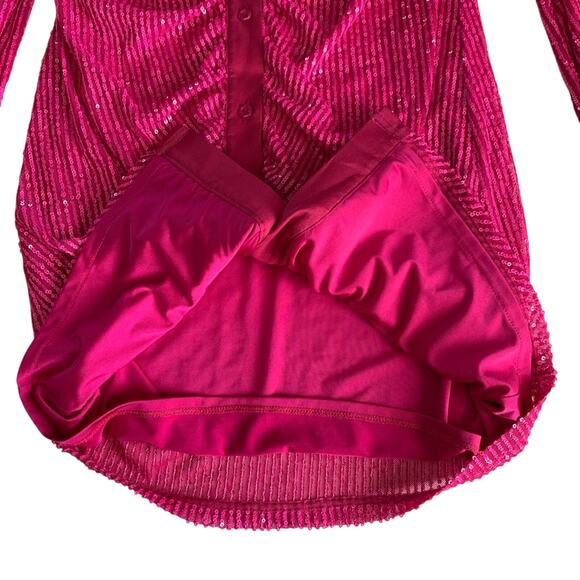 In The Mood For Love Lina Hot Pink Barbie Sequin Ruched Button Up Mini Dress M - Picture 8 of 16